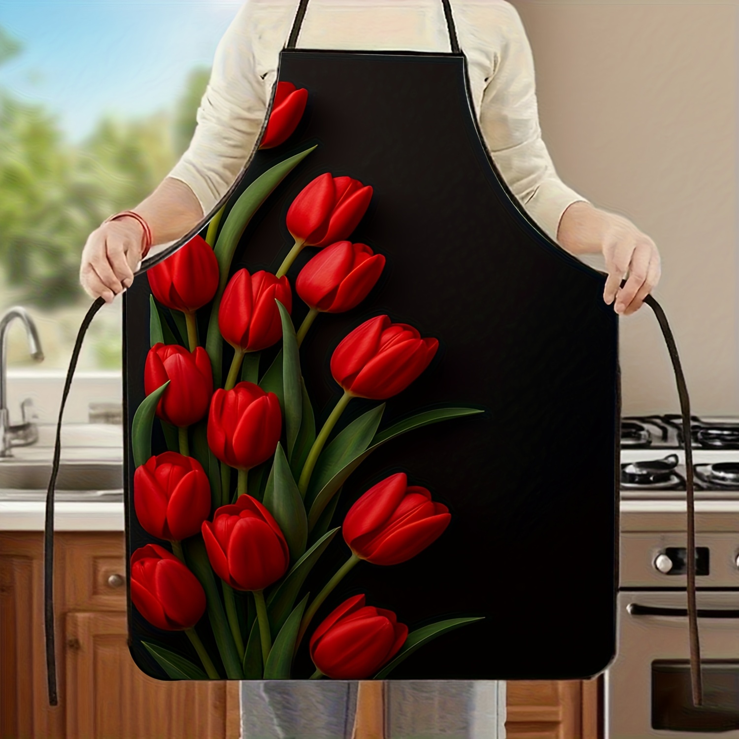 Kitchen Baking Background - Avental com estampa de tulipa vermelha,